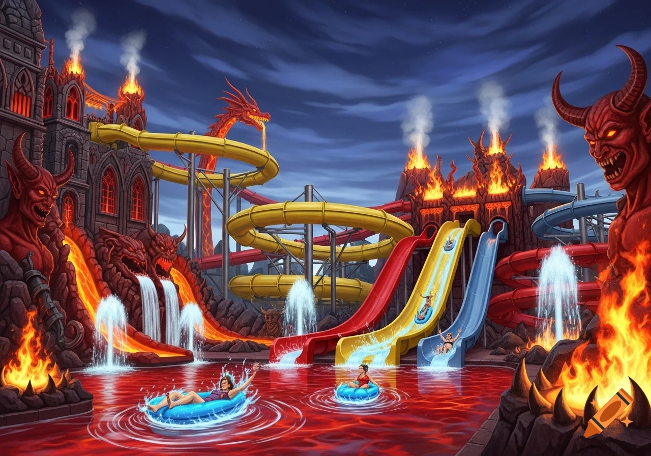 Cartoonish illustration of a 'hell-inspired' water park with red water, lava falls, winding slides, devil statues, and people on inner tubes.