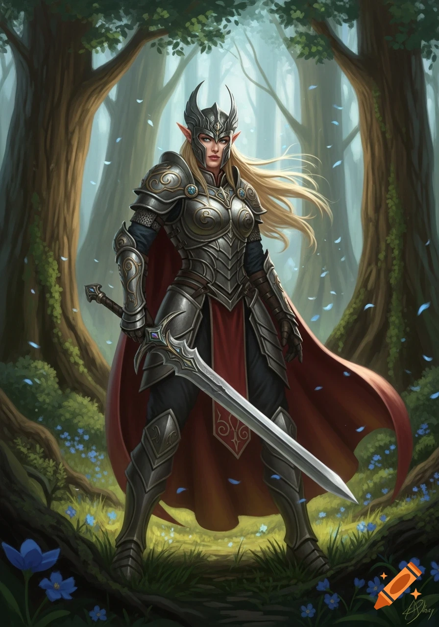A blonde female elf warrior in ornate ancient armor and a red cape stands in a mystical forest, holding a sword.