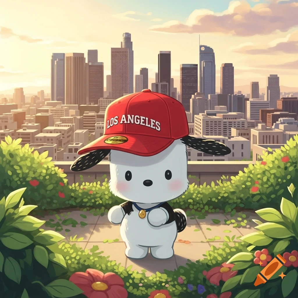 Cartoon white dog character, Pochacco, wearing a red 'LOS ANGELES' cap, stands on a rooftop garden overlooking a city skyline at sunset.