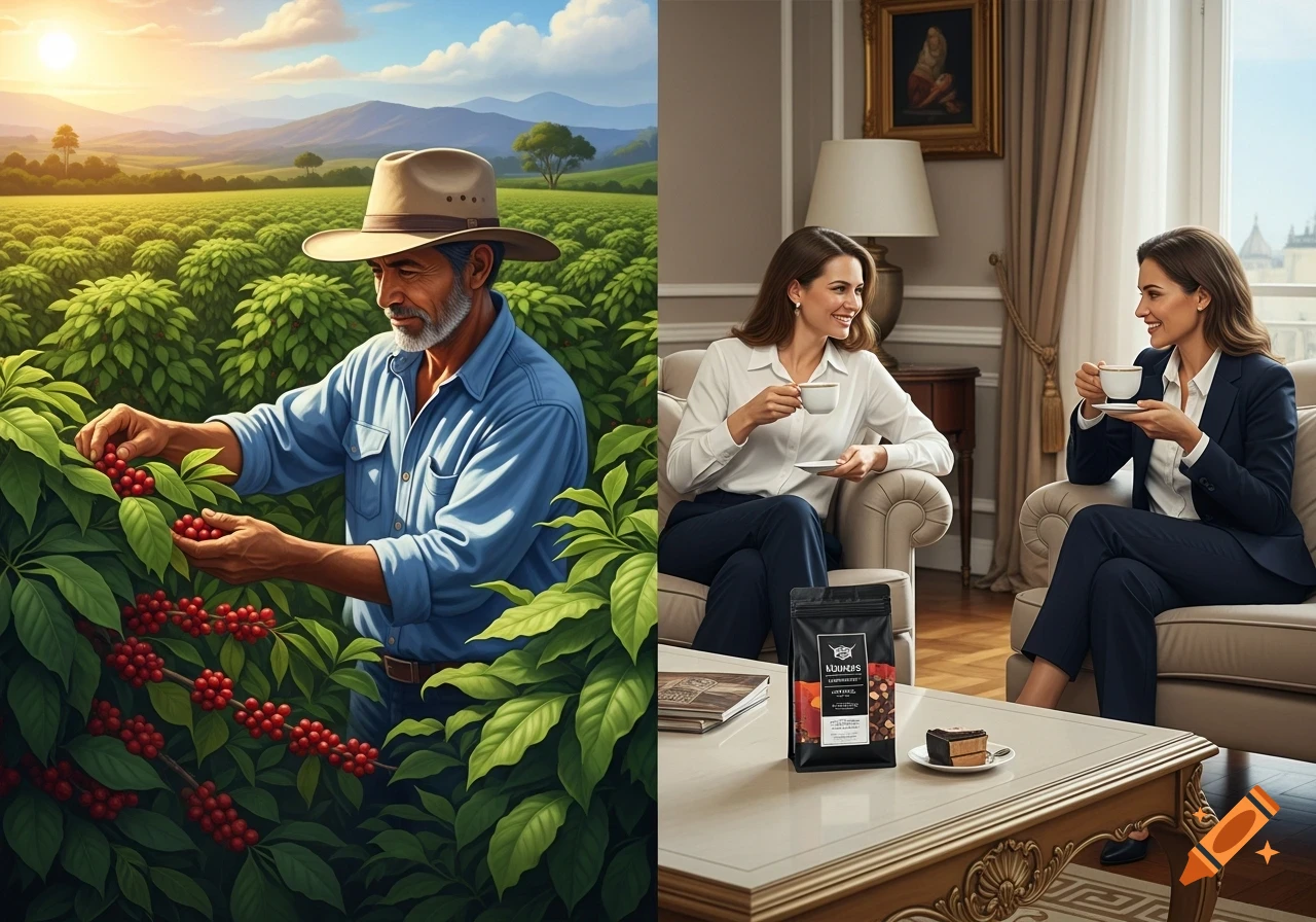 Split image: a farmer harvests coffee beans on a plantation, and two women chat over coffee in a living room with a coffee package.
