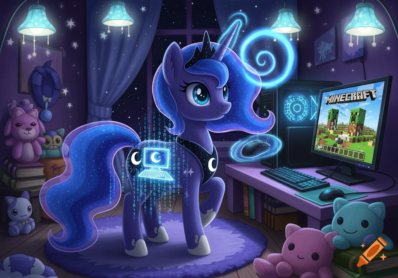 Princess Luna, a purple alicorn, plays Minecraft on a PC in her blue-themed room, surrounded by plush toys and glowing tech.