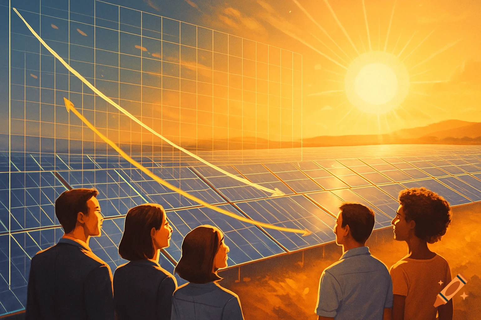 Five people gaze at a solar panel field under a setting sun, with a financial graph overlaid, representing investment and market trends.