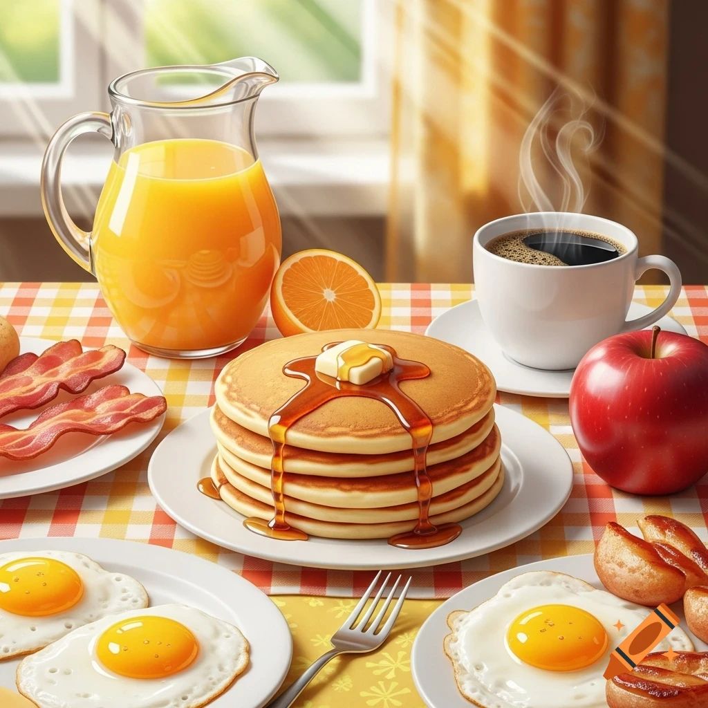 A sunny breakfast scene with pancakes, syrup, bacon, fried eggs, orange juice, coffee, and an apple on a checkered tablecloth.