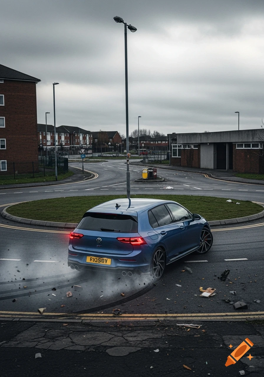 A blue Volkswagen Golf R Mk8.5 drifts around a gritty urban roundabout, kicking up smoke and debris under a cloudy sky.