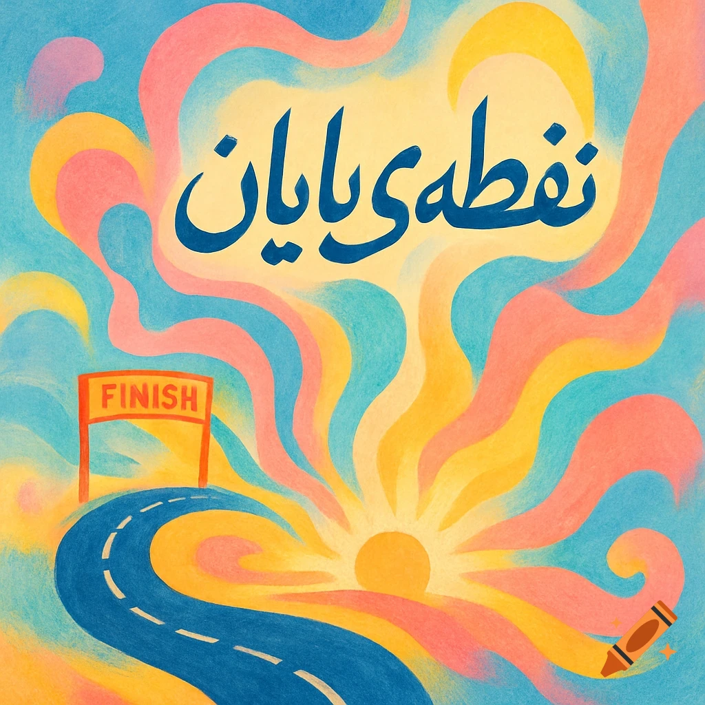 A whimsical, colorful illustration of a winding road leading to a finish line, with a sunburst, abstract shapes, and Persian text.