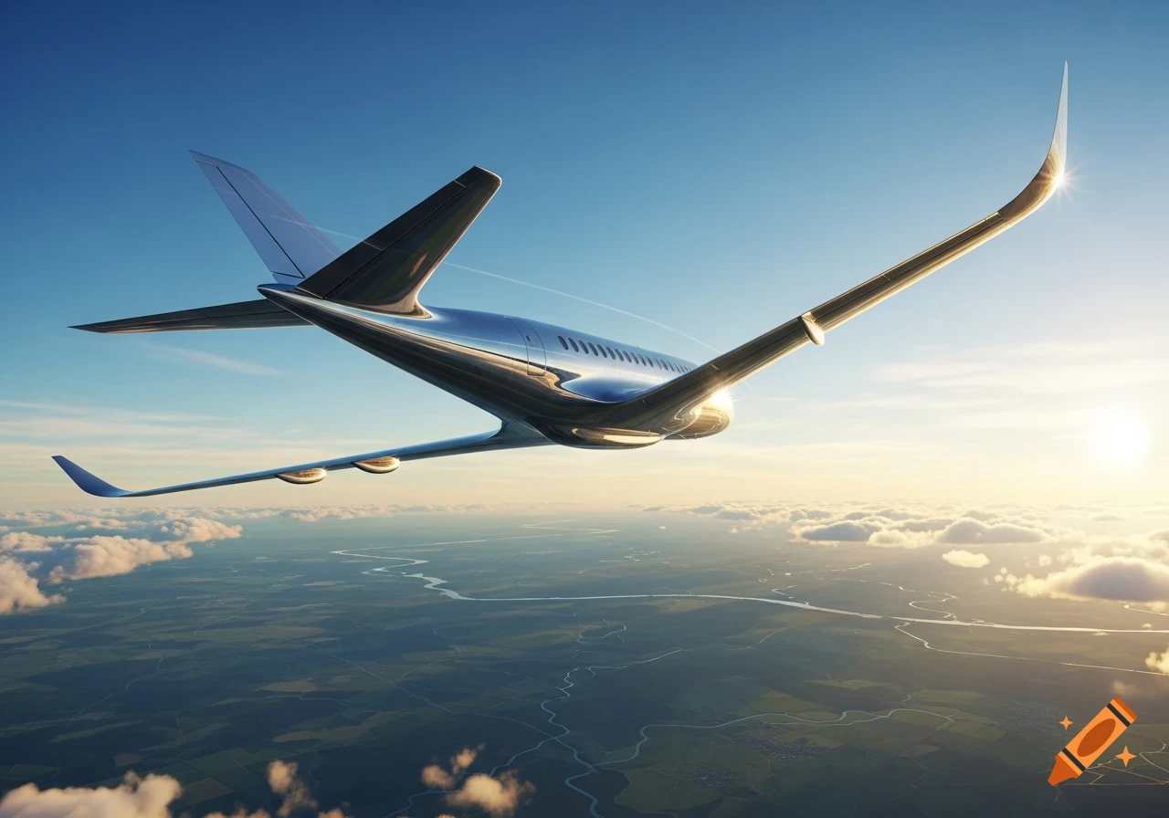 A sleek, futuristic silver airplane flies above a green landscape with clouds, bathed in the warm light of a sunset.