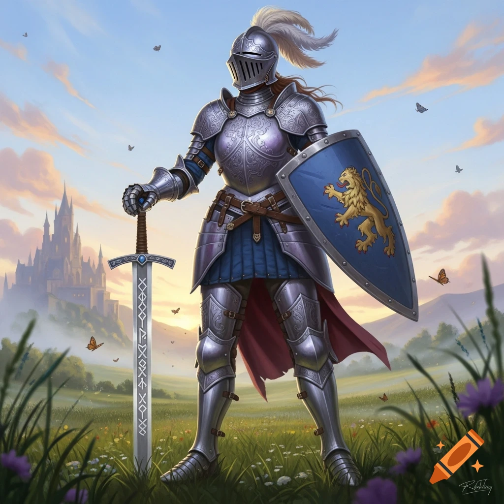 A female knight in shining armor stands in a green field with a sword, shield featuring a lion, and a castle in the background.