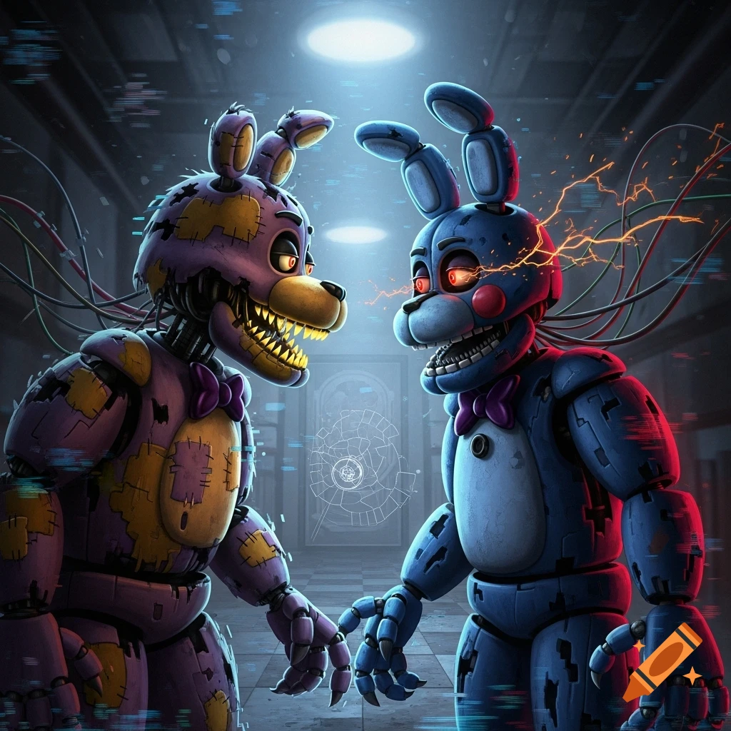 Two terrifying animatronic rabbits, one purple and tattered, the other blue with arcing electricity, face each other in a dark, glitchy hallway.