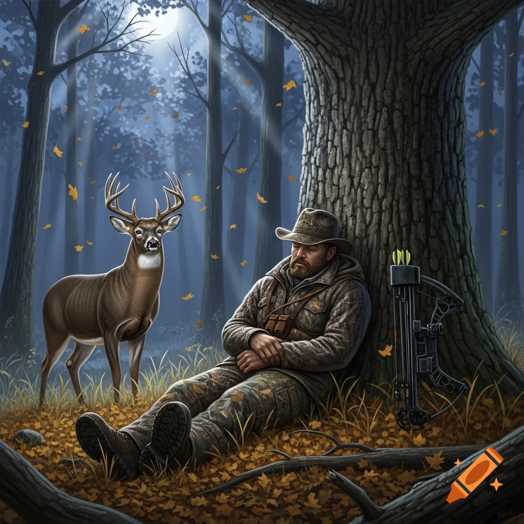 A hunter in camouflage sleeps against a tree in a blue forest, while a white-tailed buck stands nearby. Autumn leaves fall.