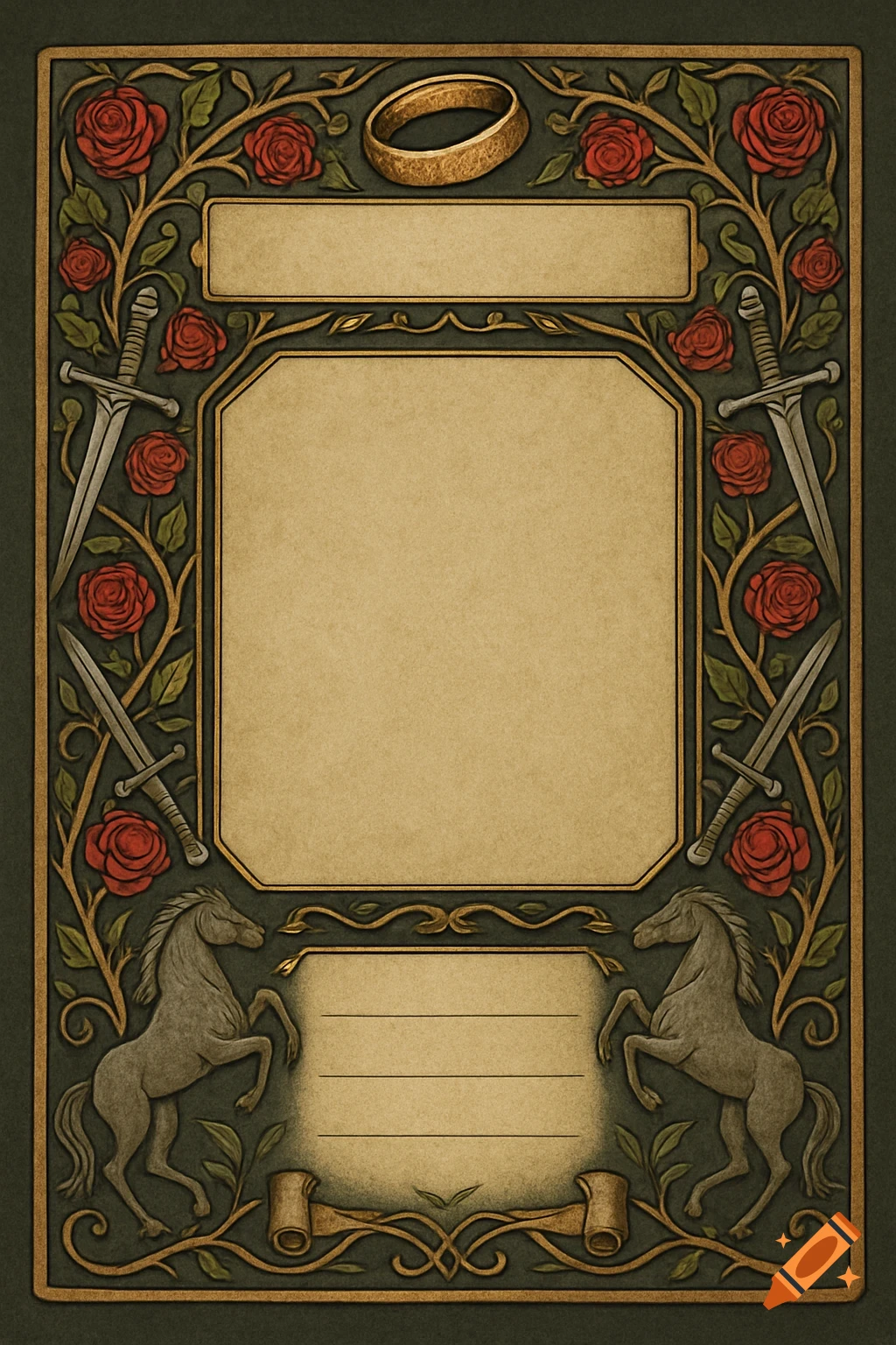 A fantasy-themed decorative border design in dark green and gold, featuring interwoven roses, swords, rearing horses, and a gold ring at the top, framing blank spaces for text and an image on a parchment-like background.