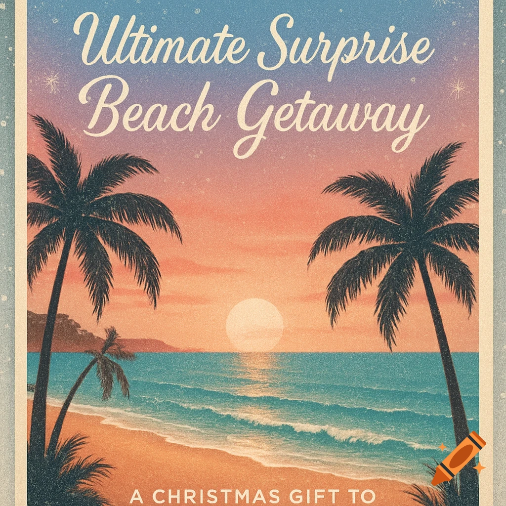 Vintage travel poster of a tropical beach sunset with palm trees, text 'Ultimate Surprise Beach Getaway' and 'A CHRISTMAS GIFT TO'.