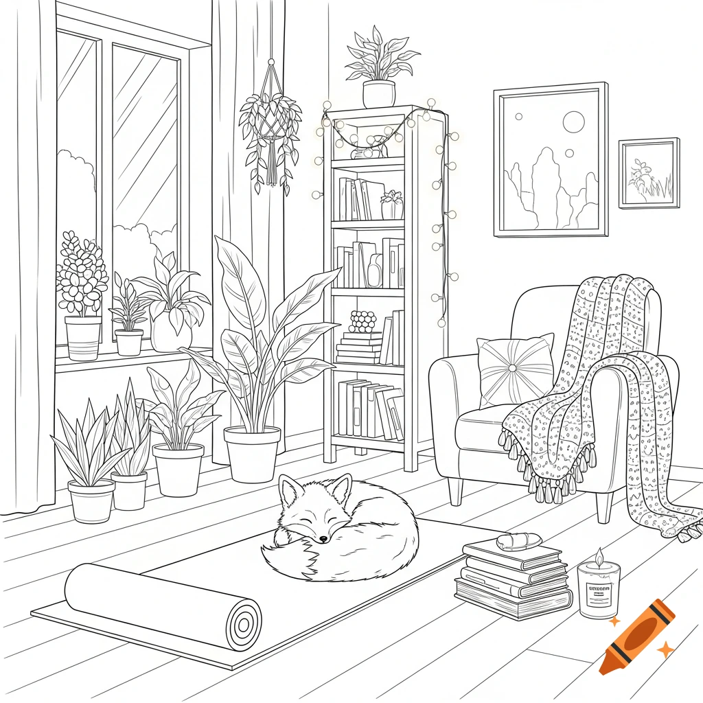 Line art of a fox sleeping on a yoga mat in a cozy room with houseplants, a bookshelf, and an armchair.
