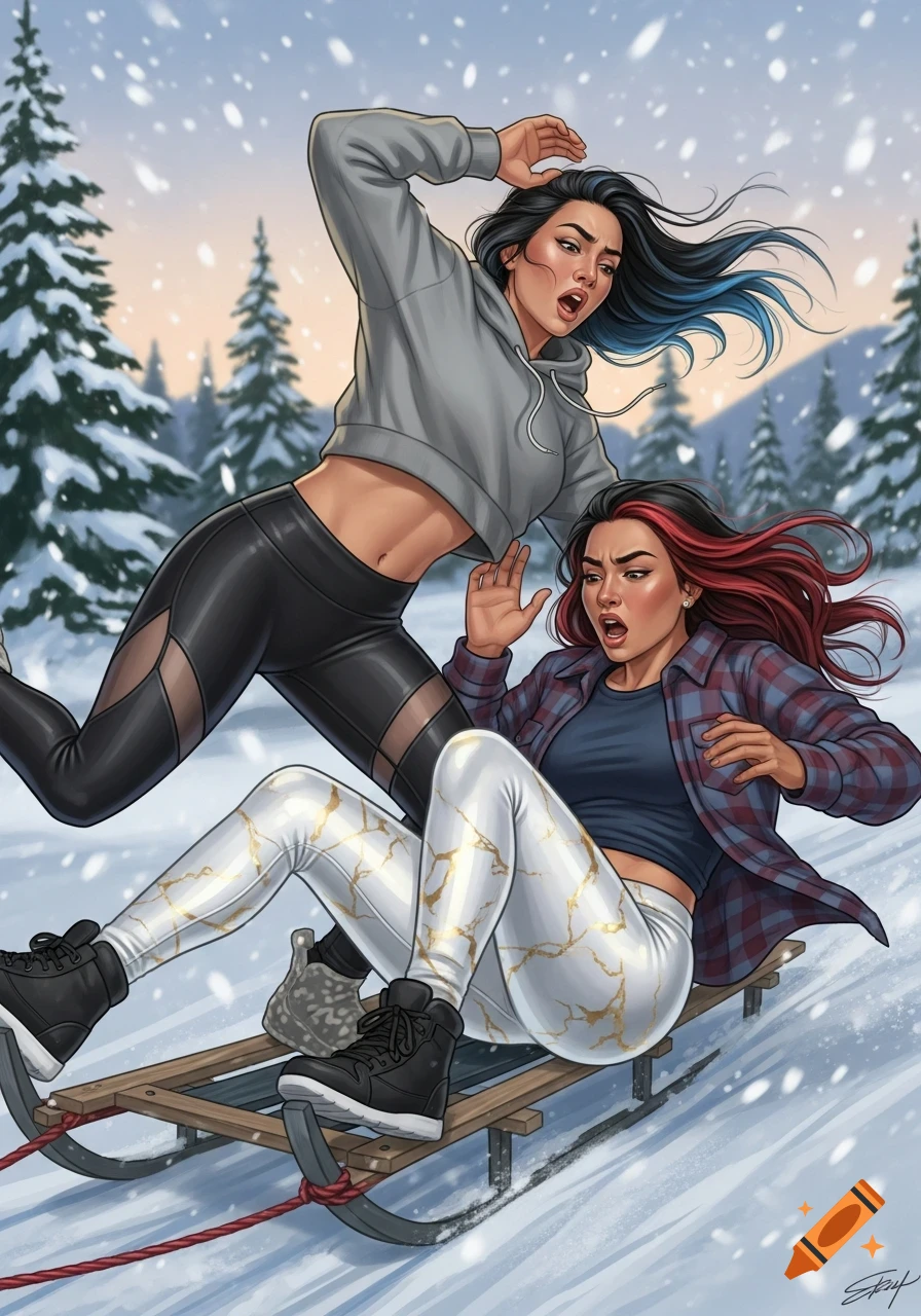 Illustration of two women falling off a sled in a snowy winter landscape. One wears a grey hoodie and black leggings, the other a flannel and white marbled leggings.