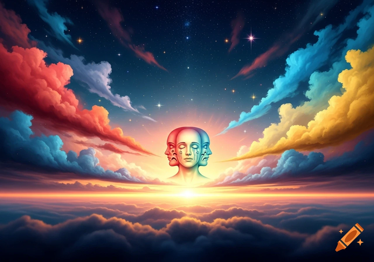 A surreal image of a three-faced head, one crying, one happy, one sad, rising above colorful clouds at sunset beneath a starry sky.