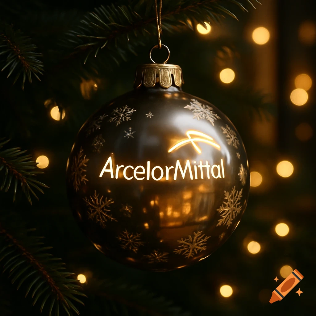 A close-up of a dark, reflective Christmas ornament with the ArcelorMittal logo and snowflakes, hanging on a blurred Christmas tree with warm lights.