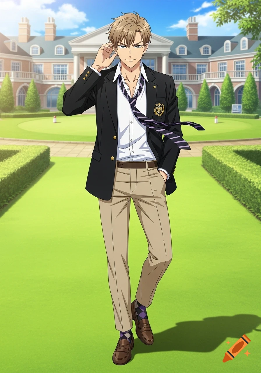 An anime-style young man in a black blazer, white shirt, and striped tie over khaki pants, smirking in front of a large building on a green lawn.