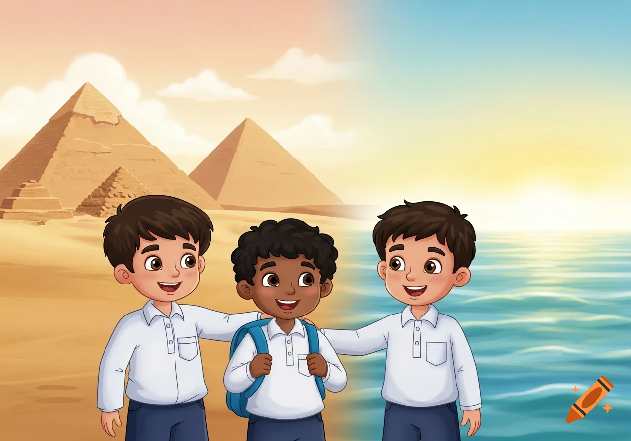 Children's storybook illustration of three smiling boys in school uniforms standing together, with pyramids on one side and a calm sea on the other.