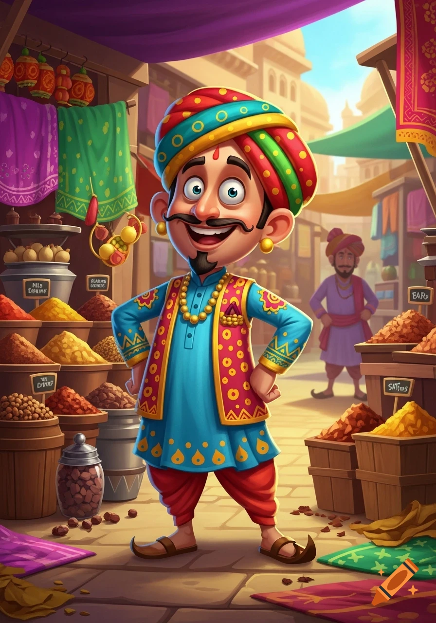 A smiling, goofy cartoon Indian man in a colorful turban and traditional attire stands in a vibrant spice market.