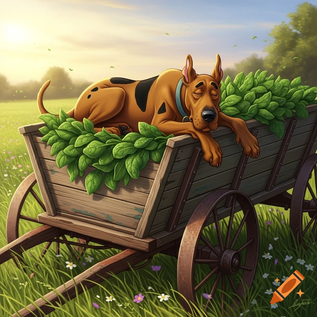 Cartoon Scooby Doo sleeps on his stomach in an old wooden cart full of green leaves in a sunny grassy field.