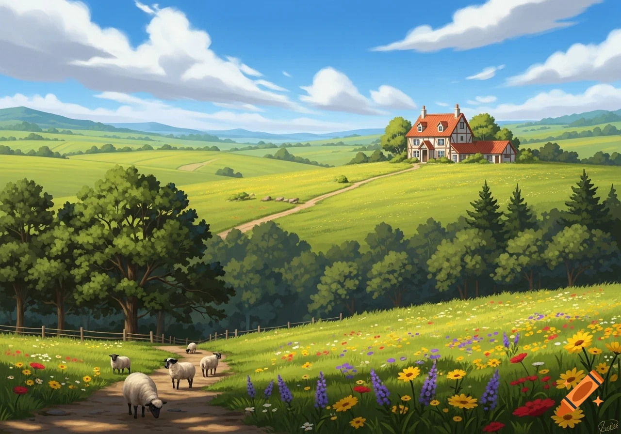 A vibrant illustration of a rolling green countryside with a farmhouse, a dirt path, wildflowers, and grazing sheep.