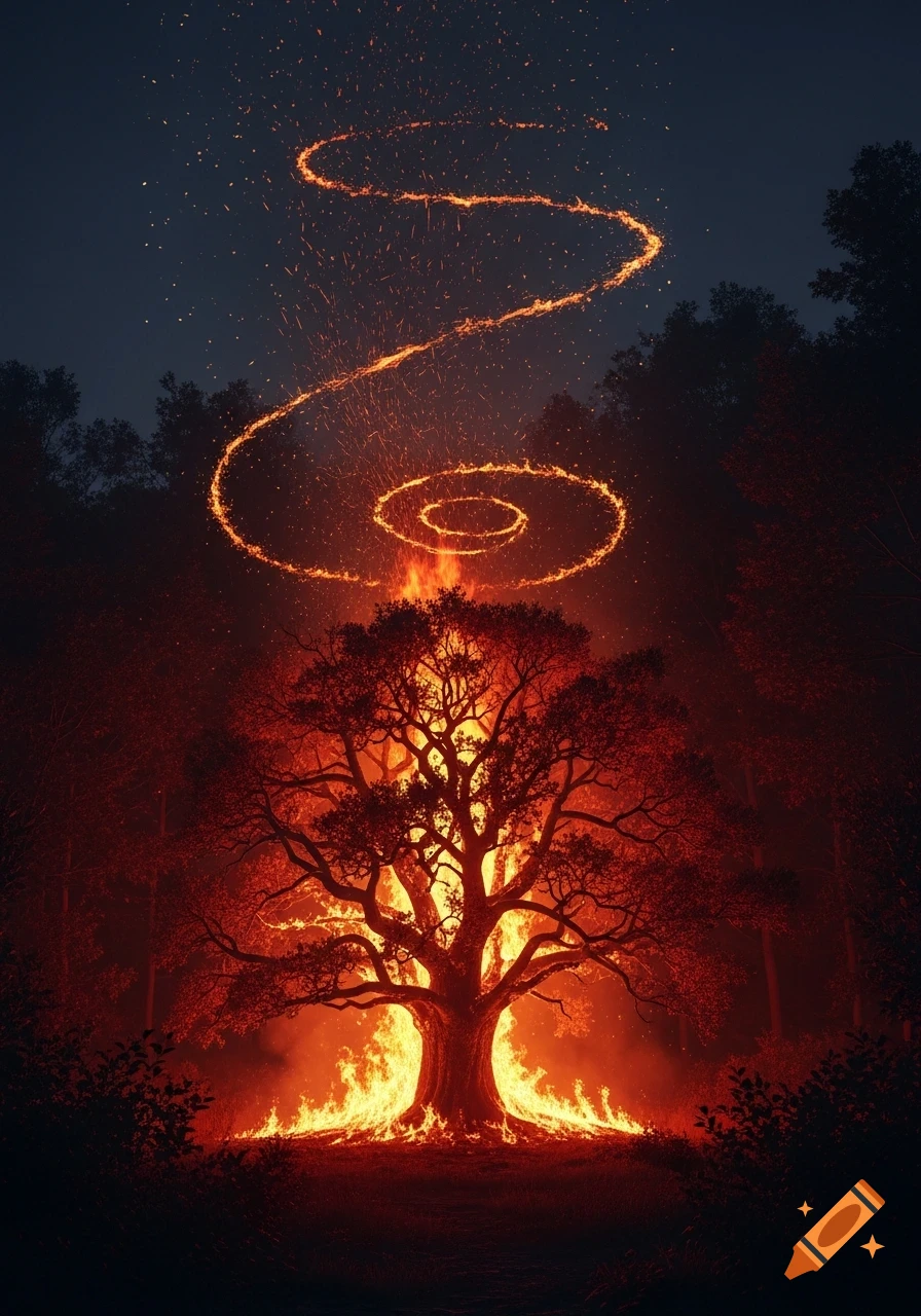A large tree engulfed in bright flames, with fiery spirals rising into a dark, starry night sky above a dark forest.
