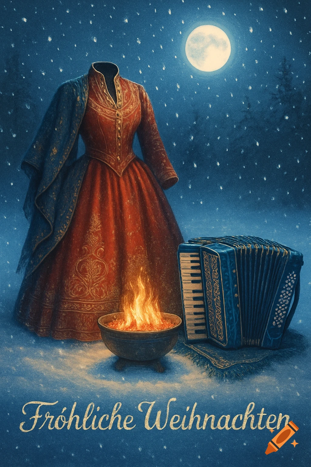 A red dress, fire pit, and blue accordion in a snowy scene under a full moon, with 'Fröhliche Weihnachten' text.