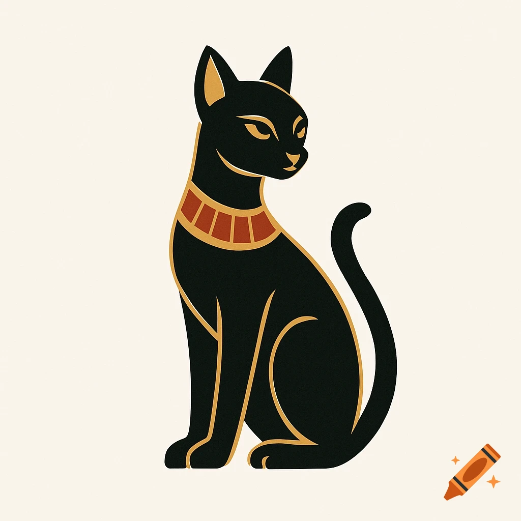 A minimalist vector logo of a black Egyptian cat with gold and terracotta collar, sitting.