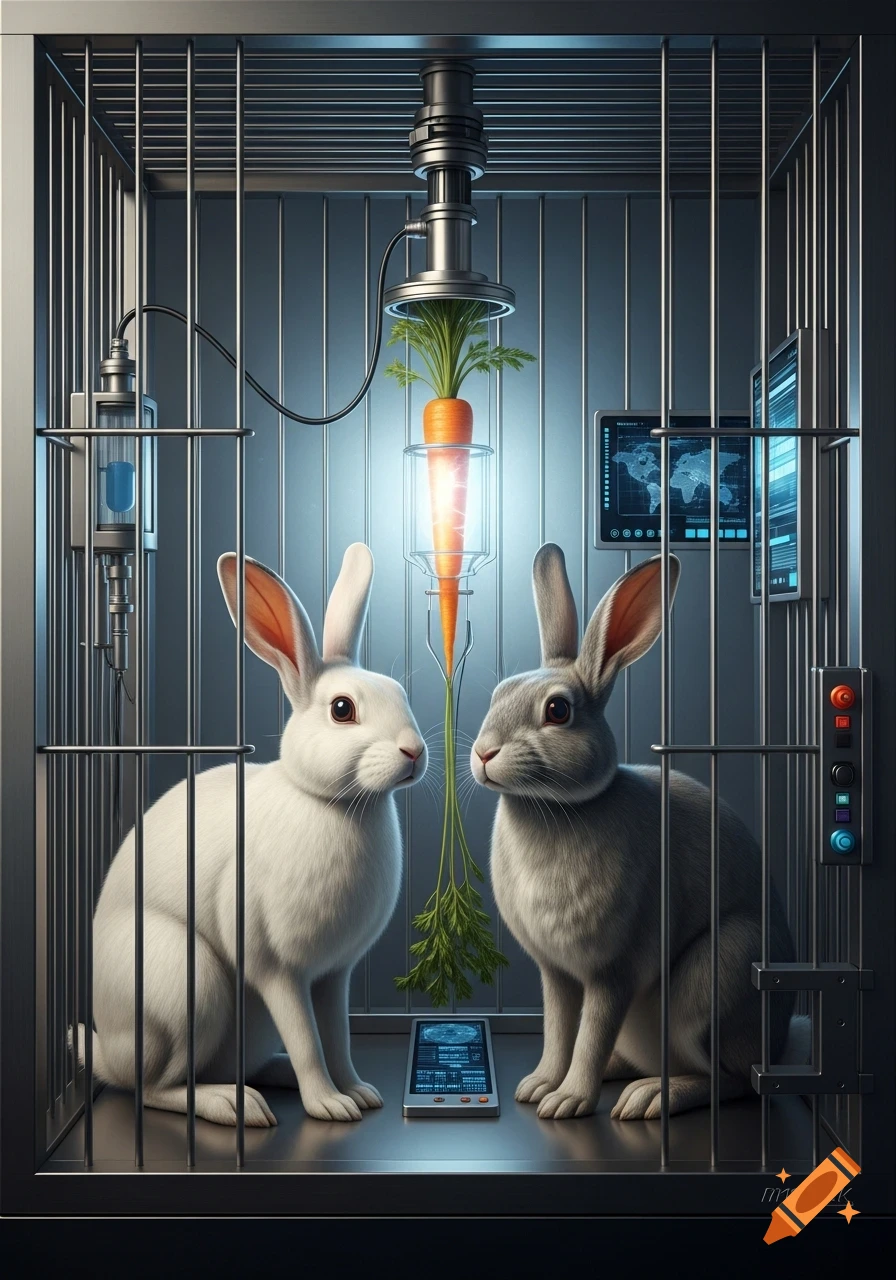 Two realistic rabbits, one white and one gray, sit inside a modern metal cage. Between them, a glowing carrot is suspended in a scientific apparatus, flanked by screens displaying data and a small tablet on the floor. Realistic art style.
