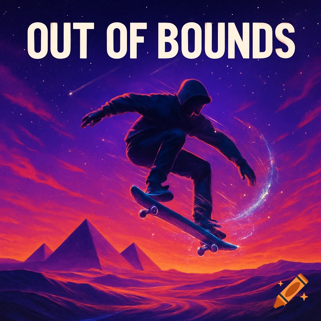 A hooded skateboarder jumps against a vibrant purple and orange surreal sky with pyramids, featuring the text 'OUT OF BOUNDS'.