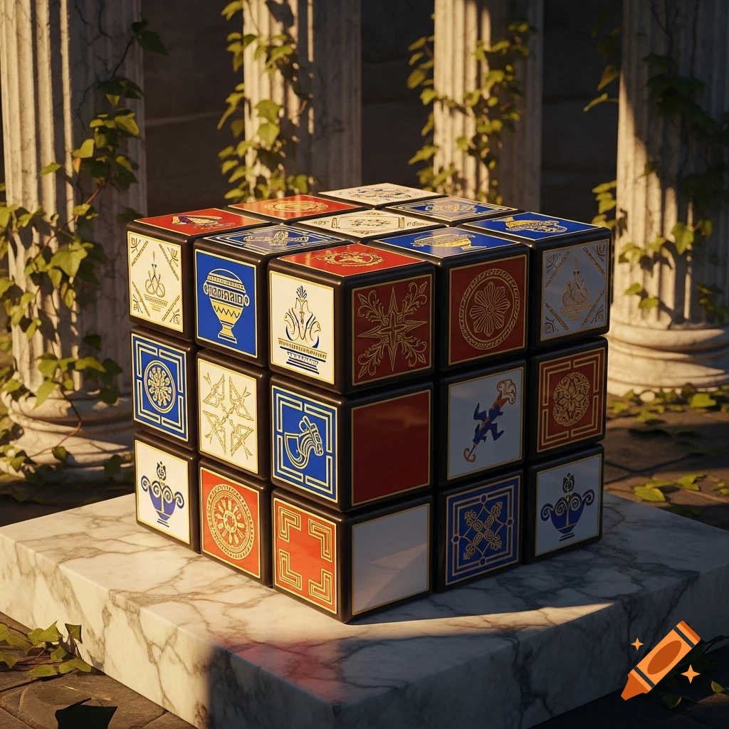 A photorealistic Rubik's cube with intricate red, blue, and white faces displaying golden Greek patterns, set on a marble pedestal.