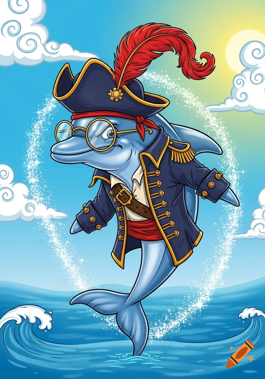 A cartoon dolphin dressed as a pirate, wearing a hat, glasses, and a jacket, stands on its tail in the sparkling blue ocean under a sunny sky.