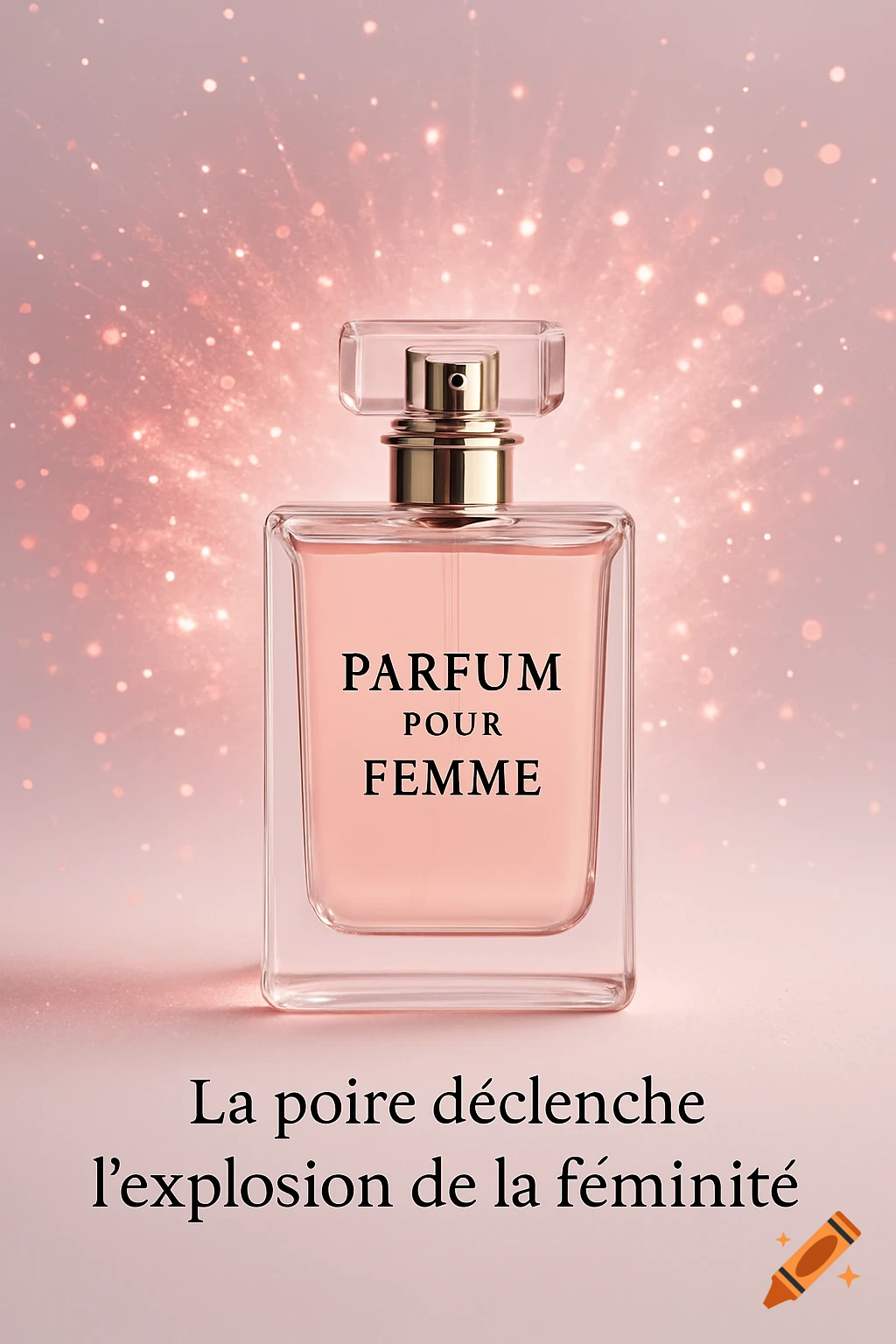 Photorealistic image of an elegant rectangular glass perfume bottle with pink liquid and gold accents, against a shimmering pink background with sparkling lights.
