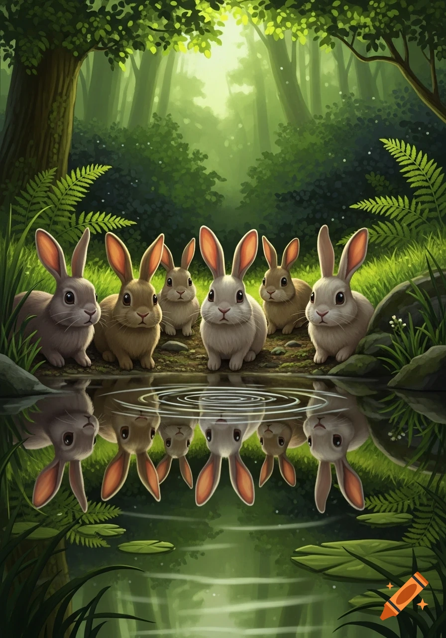 Six stylized rabbits, some brown and some white, sit along the edge of a still pond in a lush, green forest, reflected in the water.