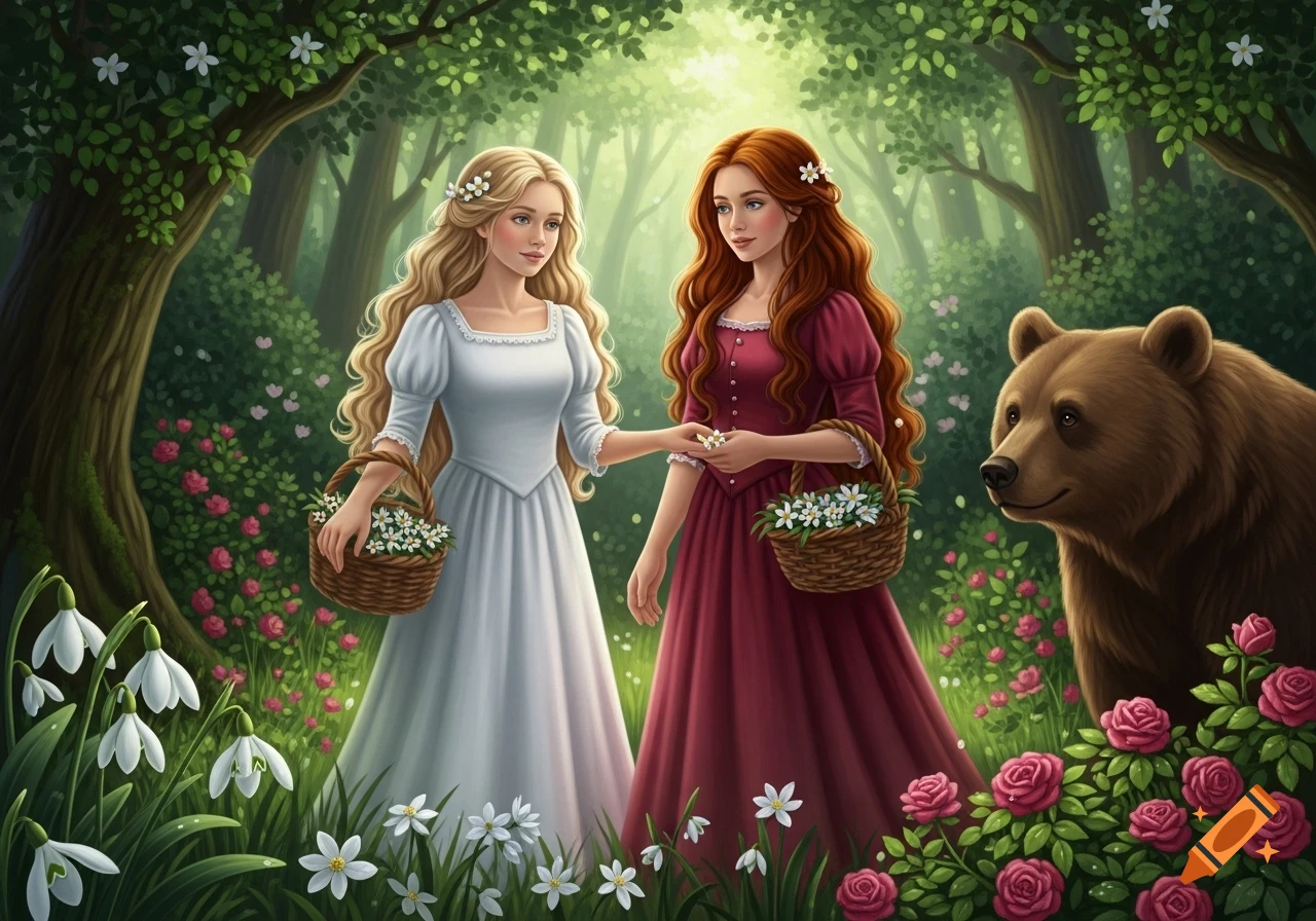 Two women in fairytale gowns holding baskets of flowers in an enchanted forest with a brown bear.