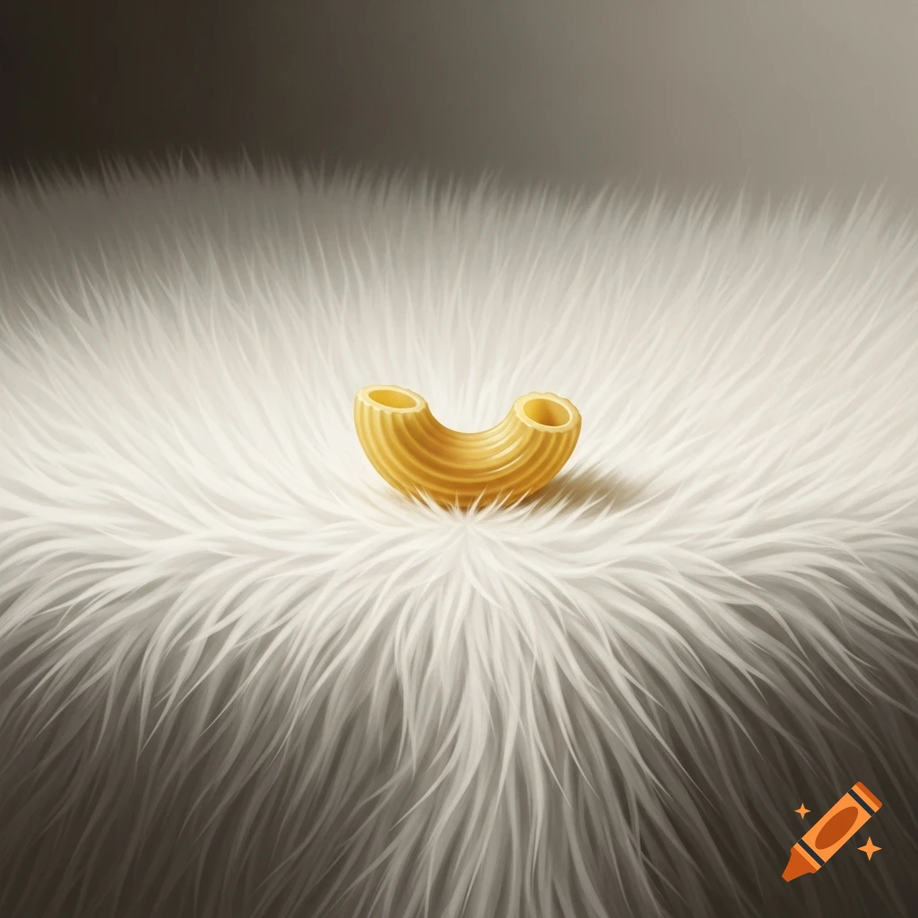 A single golden macaroni pasta rests on a white, shaggy fur surface.