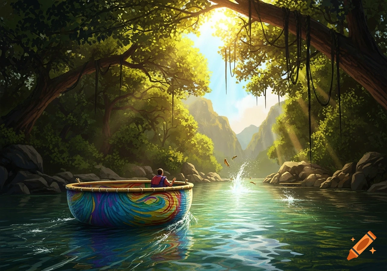 A person in a colorful, psychedelic-patterned round boat floats on a calm river in a lush, sunlit jungle, with fish jumping from the water.