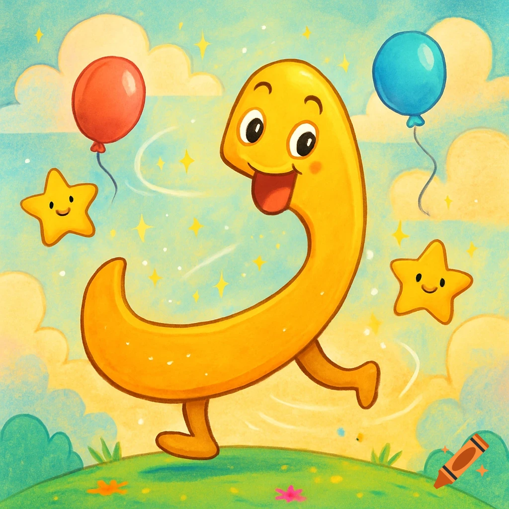 A cheerful, yellow cartoon character shaped like the Persian letter 'ر' (Rā) runs on a green hill under a light blue sky with clouds, smiling stars, and balloons in a whimsical children's illustration style.