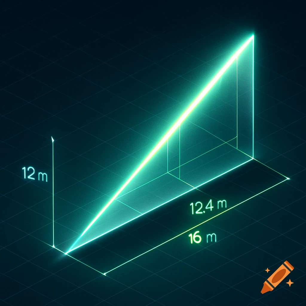 An isometric neon-green grid diagram of a right triangle with legs labeled "12 m" and "16 m," and a glowing hypotenuse with a projection labeled "12.4 m."