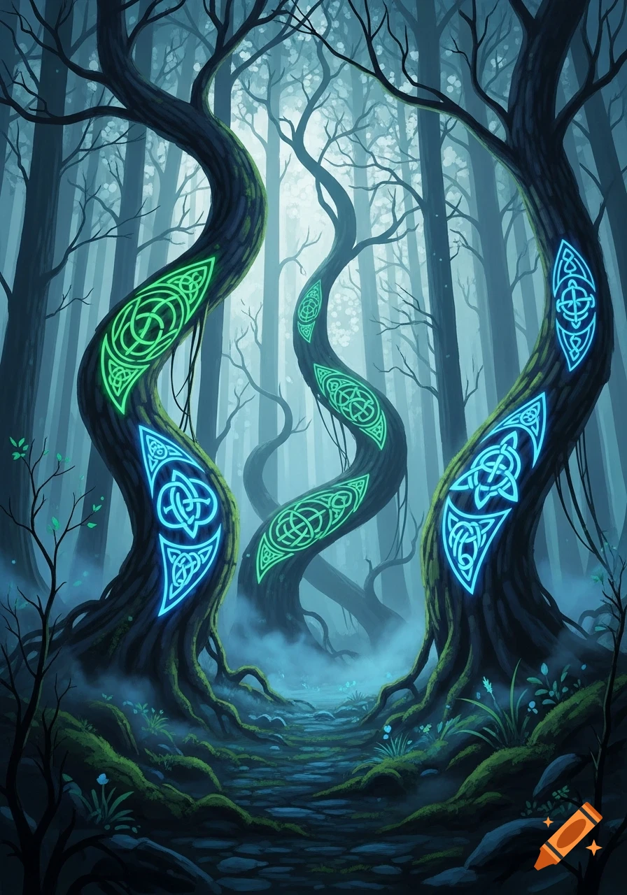 A magical forest with twisted trees adorned with glowing green and blue Celtic knot designs, and a mossy path leading into a misty background.