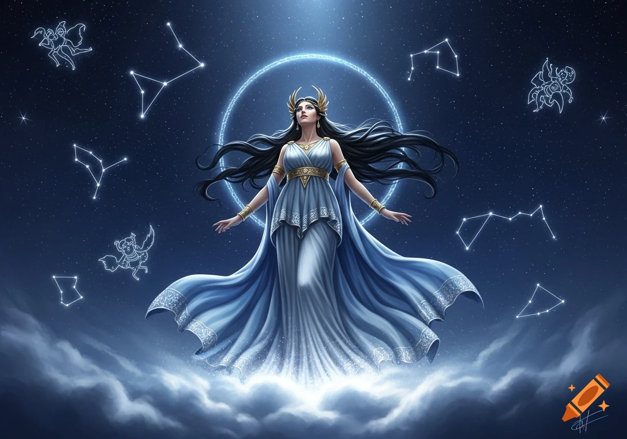 A goddess in a blue flowing gown with a golden crown stands on clouds in a starry night sky, surrounded by glowing constellations.