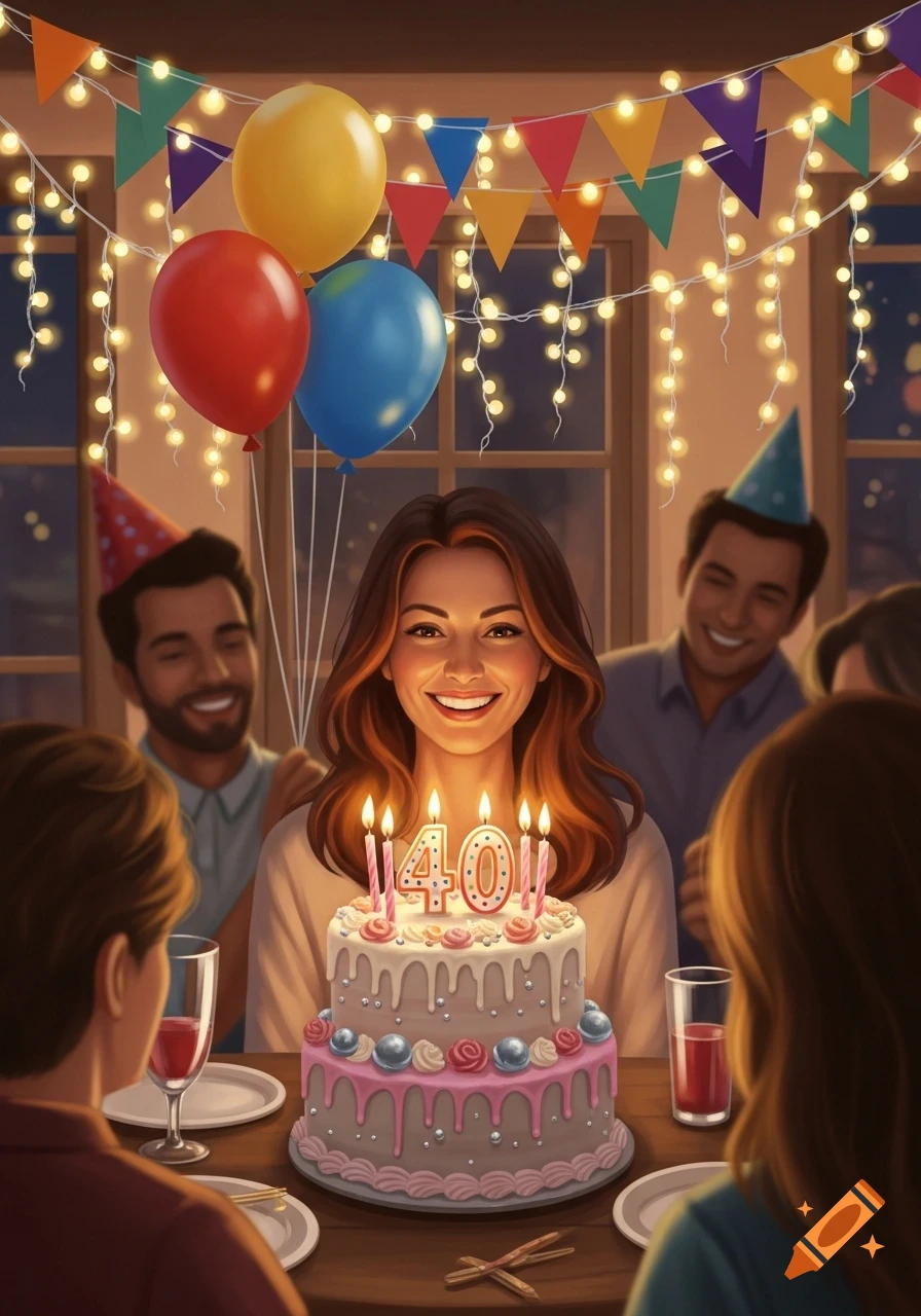 A woman smiles behind a birthday cake with "40" candles, surrounded by blurred people, balloons, and festive string lights.