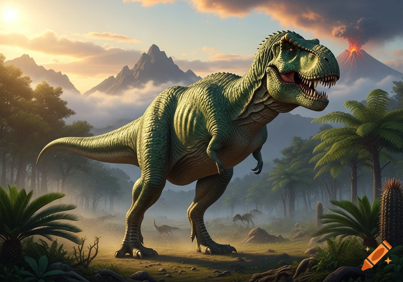 A massive, green Tyrannosaurus Rex stands in a lush, misty prehistoric jungle with an erupting volcano and mountains at sunset.