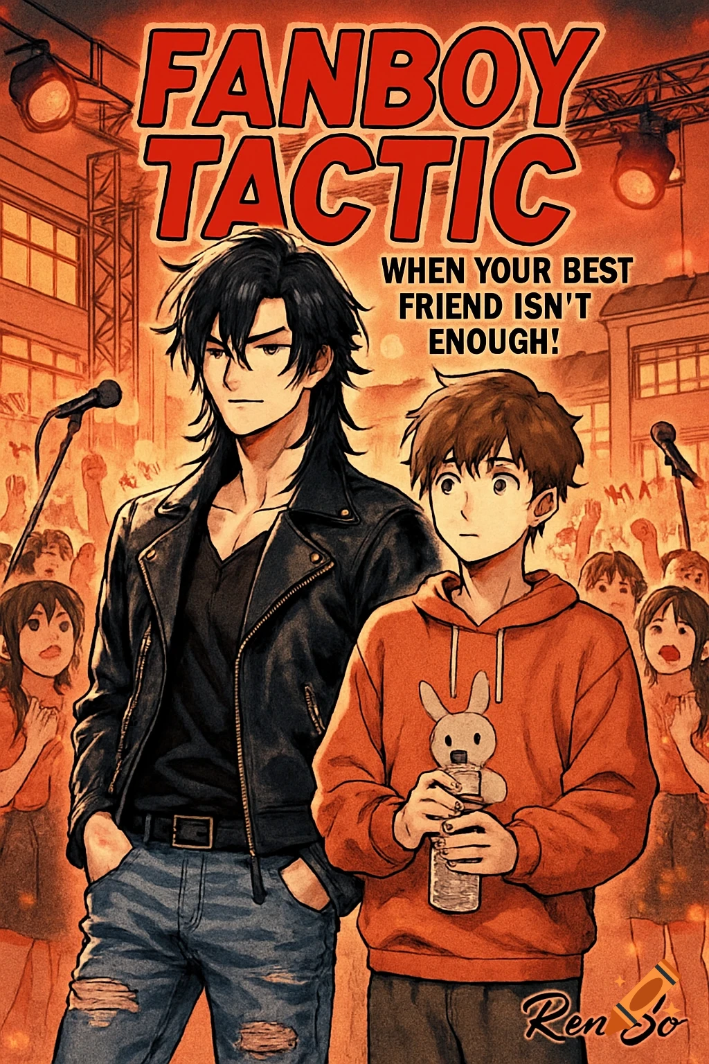 Anime cover art with a dark-haired idol in a leather jacket and a fan in a bunny hoodie holding a bottle, against a concert crowd. Text: 'FANBOY TACTIC'.