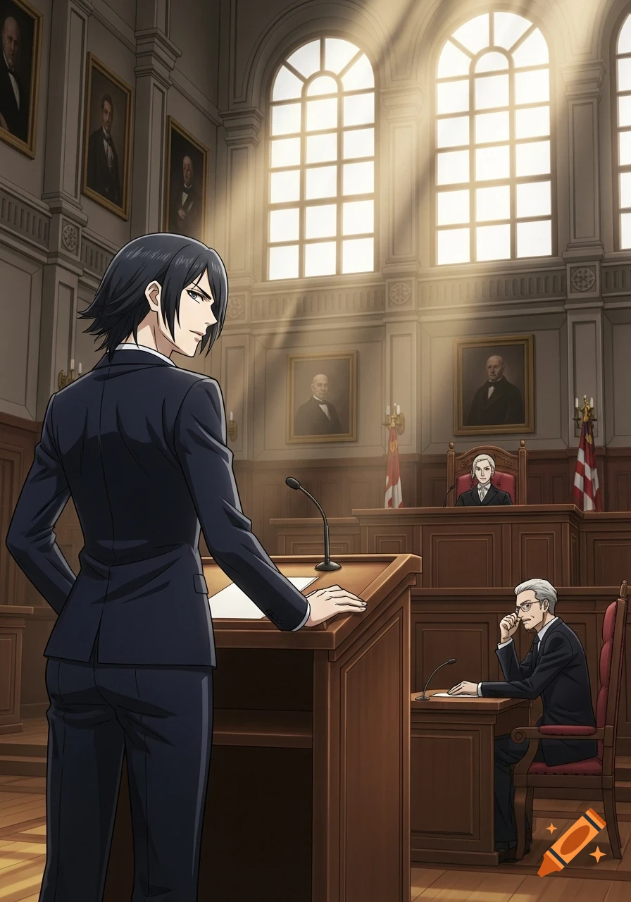 An anime-style character in a dark suit stands at a podium in a courtroom, with a judge and another person seated.