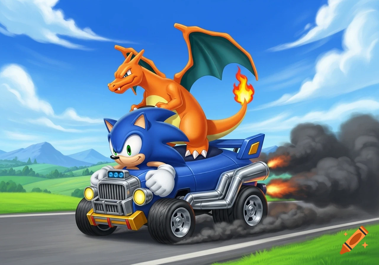 Sonic the Hedgehog drives a blue kart with Charizard riding on his back, emitting smoke, under a blue sky.