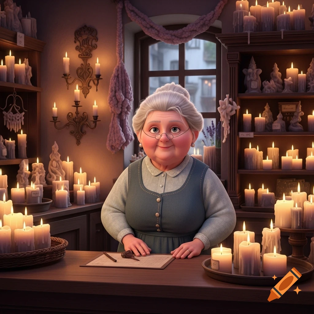 A cartoonish elderly woman with a bun and round glasses stands smiling behind a counter in a dimly lit, cozy candle shop filled with many lit candles.