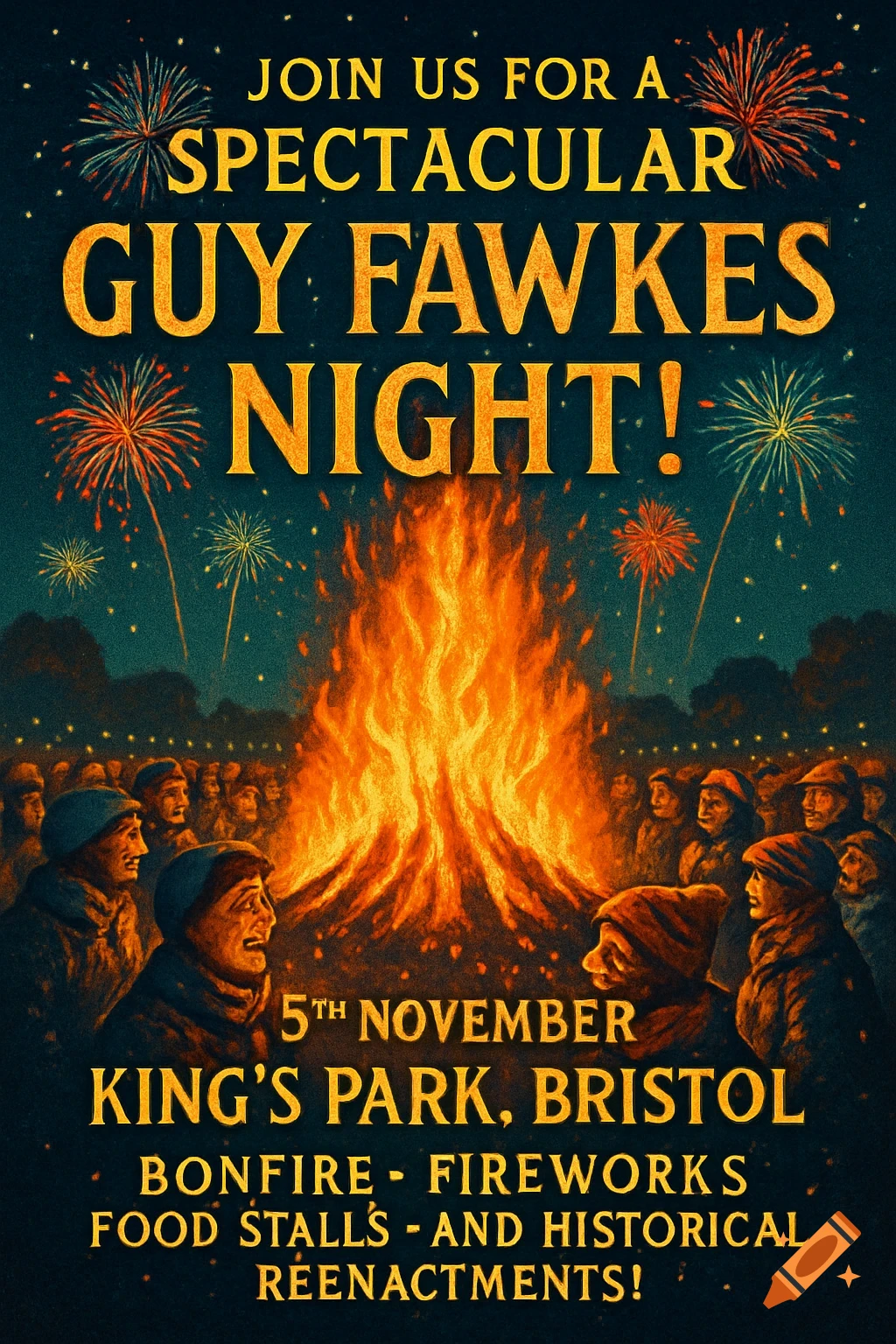 A poster for Guy Fawkes Night, featuring a large bonfire, fireworks, and a crowd. Text advertises the event on 5th November.