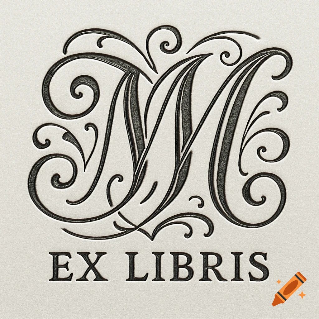 Elegant embossed monogram of two intertwined 'M's with flourishes above 'EX LIBRIS' text on textured paper.