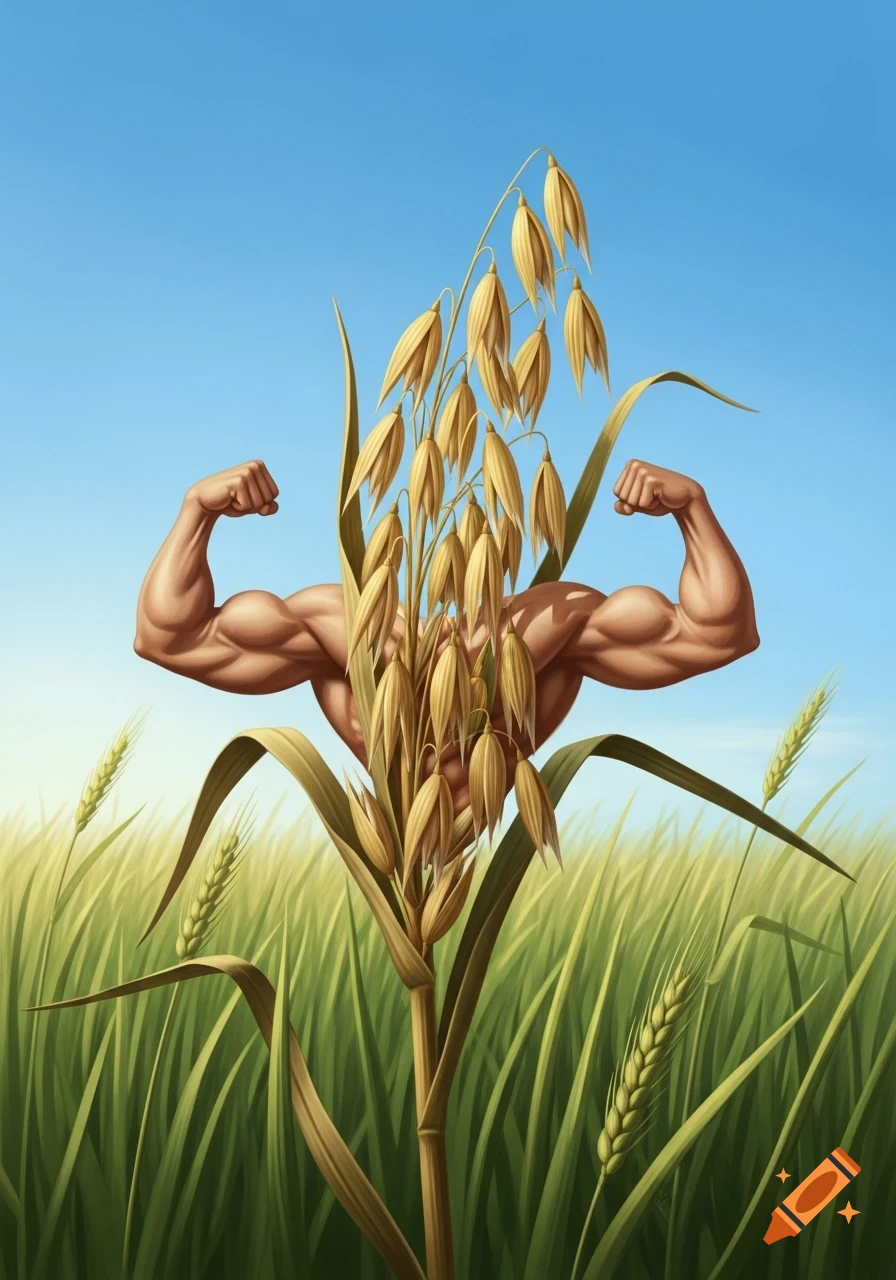 A stalk of oats with human muscular arms flexing on either side, standing in a green grain field under a blue sky.