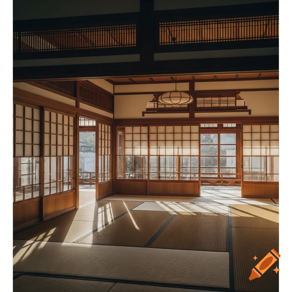 Interior of a traditional Japanese house with sliding shoji screens, tatami mats, and sunlight casting long shadows.